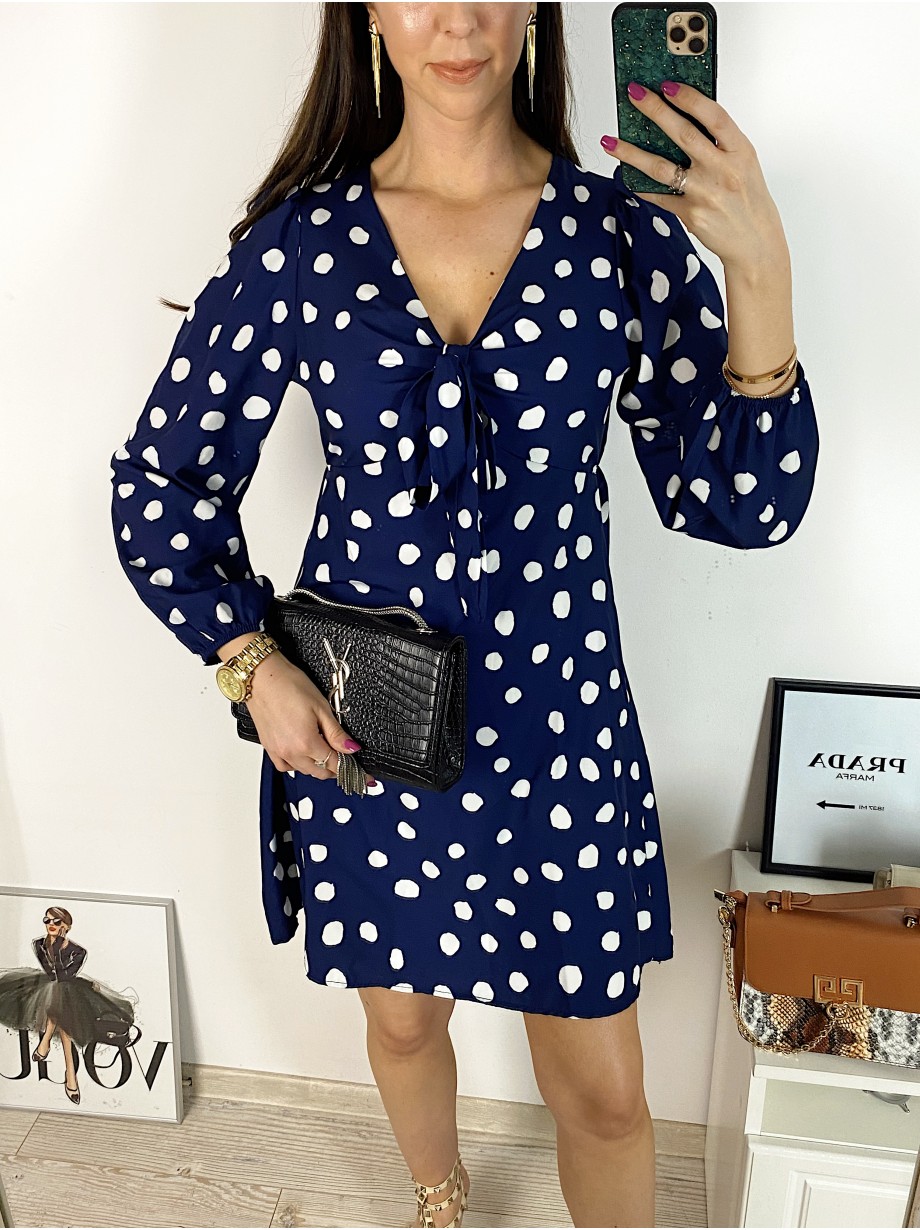 Rochie mini casual bleumarin cu imprimeu buline si maneci lungi