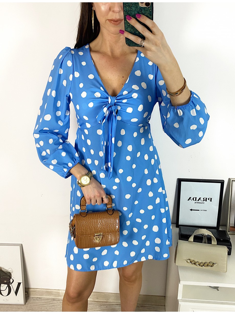 Rochie mini casual albastra cu imprimeu buline si maneci lungi Rochie mini casual albastra cu imprimeu buline si maneci lungi