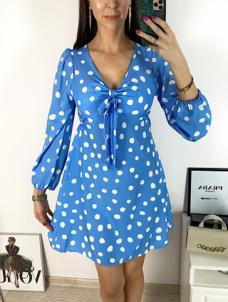 Rochie mini casual albastra cu imprimeu buline si maneci lungi