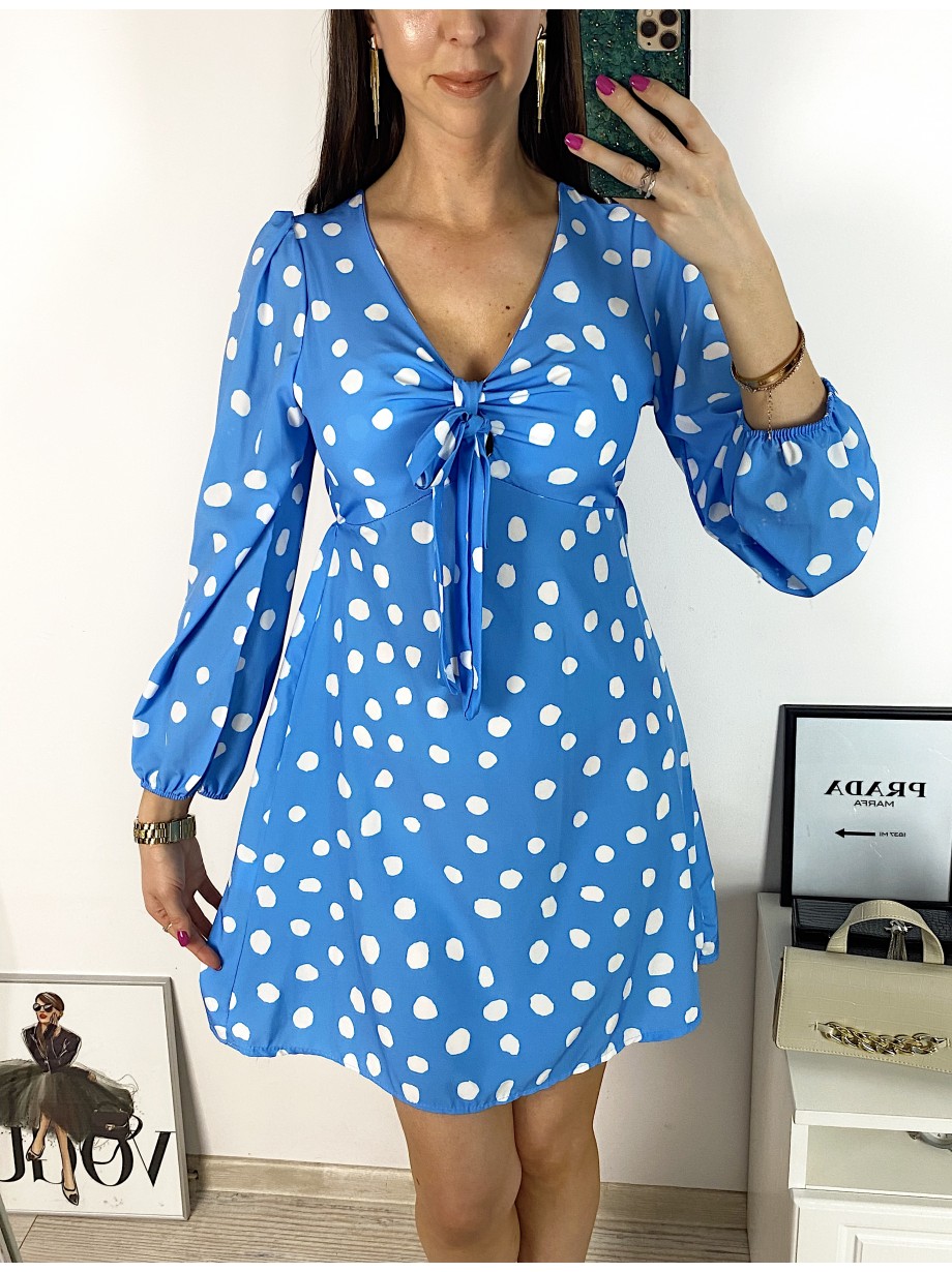 Rochie mini casual albastra cu imprimeu buline si maneci lungi Rochie mini casual albastra cu imprimeu buline si maneci lungi