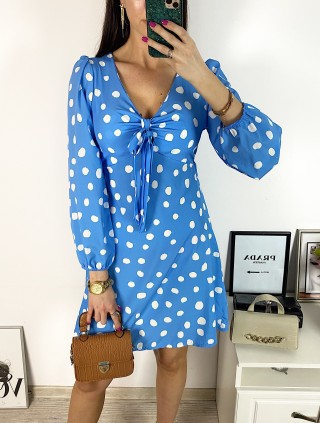 Rochie mini casual albastra cu imprimeu buline si maneci lungi