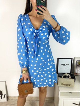 Rochie mini casual albastra cu imprimeu buline si maneci lungi