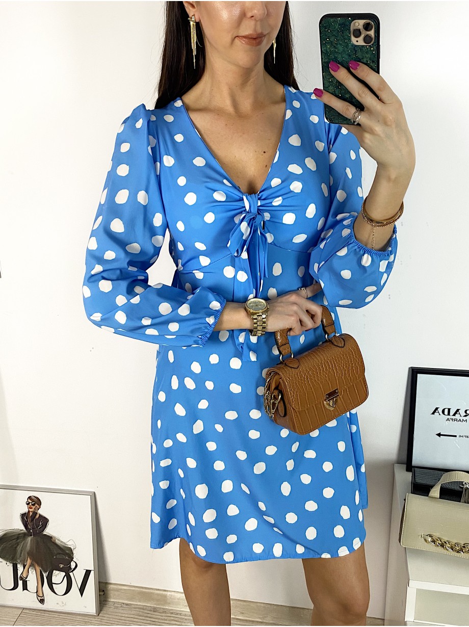 Rochie mini casual albastra cu imprimeu buline si maneci lungi Rochie mini casual albastra cu imprimeu buline si maneci lungi