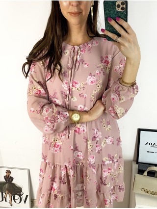 Rochie eleganta scurta roz cu volanase, maneci lungi si flori mici