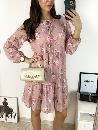 Rochie eleganta scurta roz cu volanase, maneci lungi si flori mici