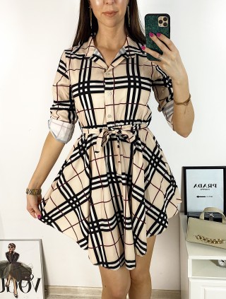 Rochie de zi ieftina roz stil camasa cu imprimeu carouri si cordon in talie