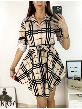 Rochie de zi ieftina roz stil camasa cu imprimeu carouri si cordon in talie