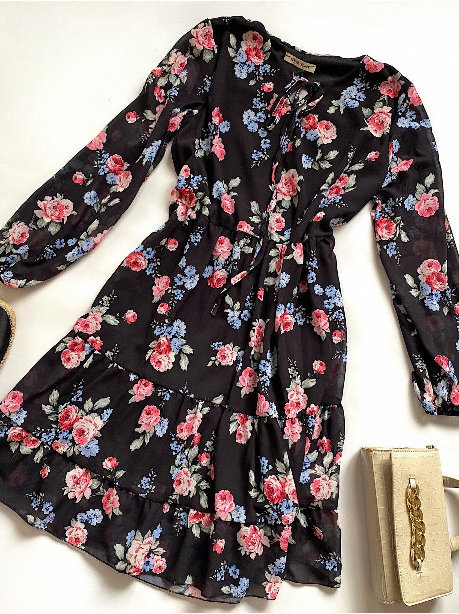 Rochie eleganta scurta neagra cu volanase, maneci lungi si flori mici