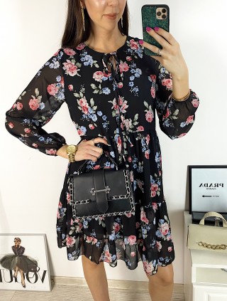 Rochie eleganta scurta neagra cu volanase, maneci lungi si flori mici