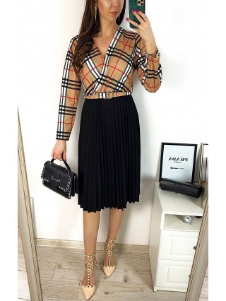Rochie dama eleganta midi neagra cu pliuri si imprimeu carouri portocaliu Half 