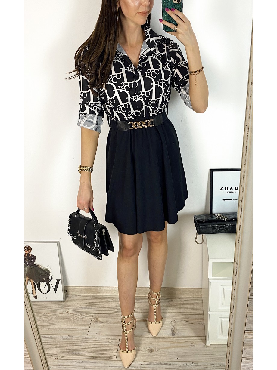 Rochie dama eleganta midi neagra cu pliuri si imprimeu litere Half