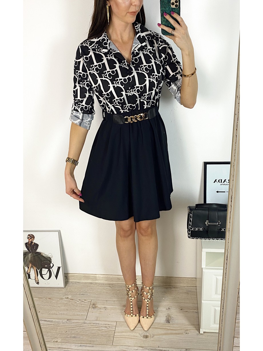 Rochie dama eleganta midi neagra cu pliuri si imprimeu litere Half