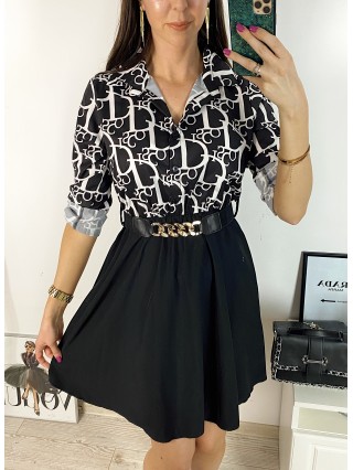 Rochie dama eleganta midi neagra cu pliuri si imprimeu litere Half