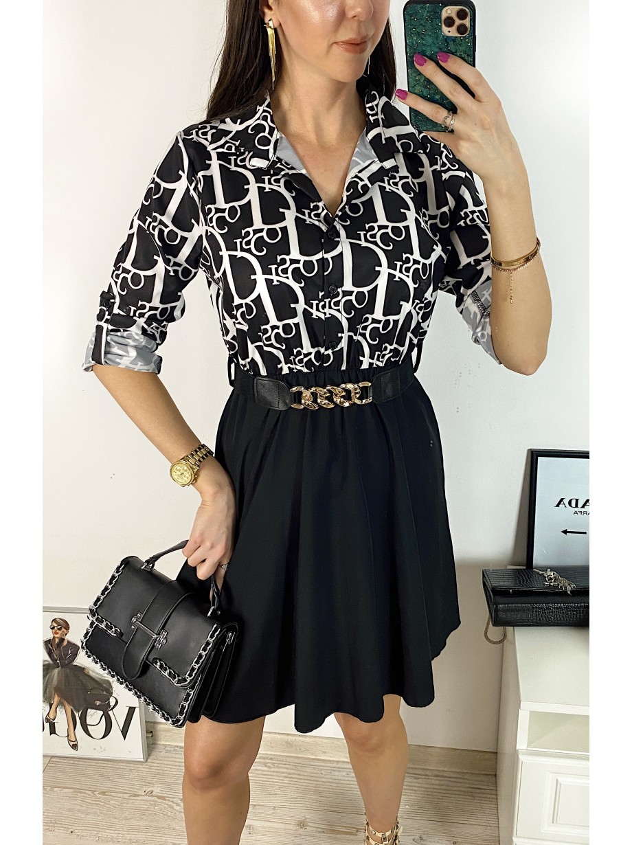 Rochie dama eleganta midi neagra cu pliuri si imprimeu litere Half