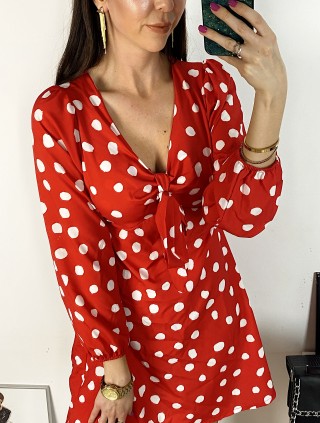 Rochie mini casual rosie cu imprimeu buline si maneci lungi