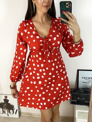 Rochie mini casual rosie cu imprimeu buline si maneci lungi