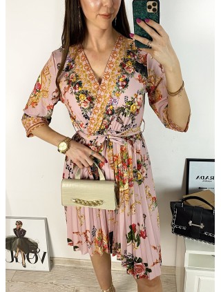 Rochie dama roz de zi midi cu pliuri si imprimeu flori vintage
