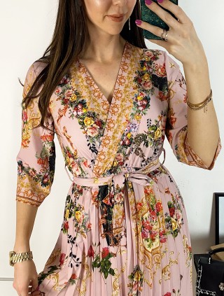 Rochie dama roz de zi midi cu pliuri si imprimeu flori vintage