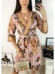 Rochie dama roz de zi midi cu pliuri si imprimeu flori vintage
