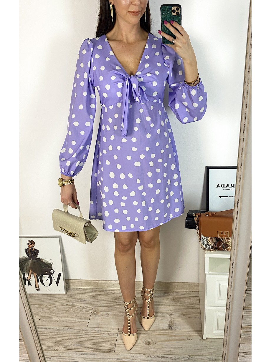 Rochie mini casual mov cu imprimeu buline si maneci lungi Rochie mini casual mov cu imprimeu buline si maneci lungi