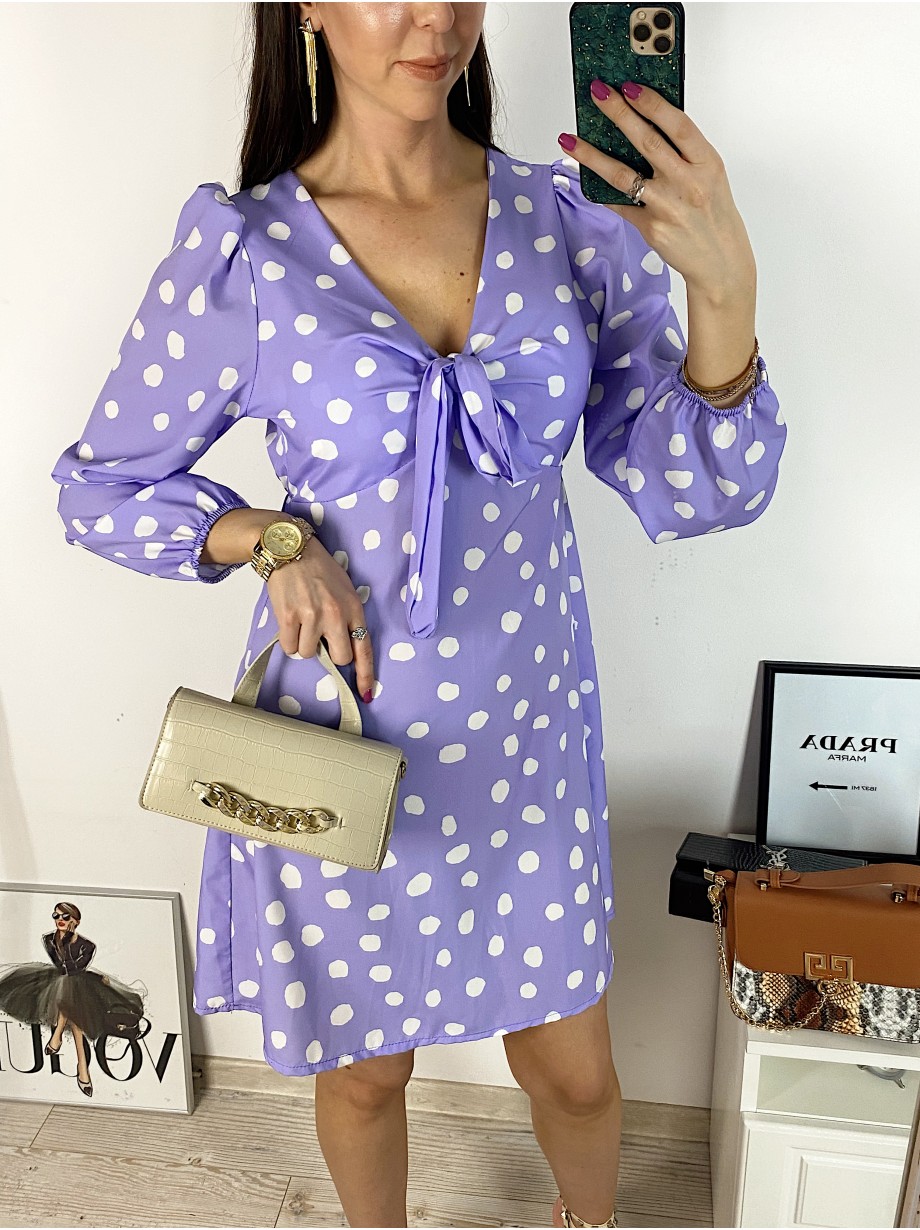 Rochie mini casual mov cu imprimeu buline si maneci lungi Rochie mini casual mov cu imprimeu buline si maneci lungi