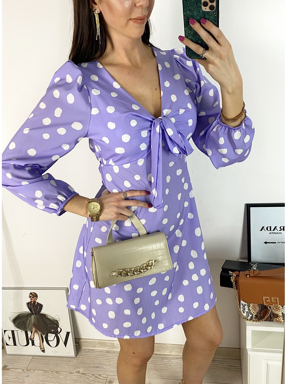 Rochie mini casual mov cu imprimeu buline si maneci lungi Rochie mini casual mov cu imprimeu buline si maneci lungi