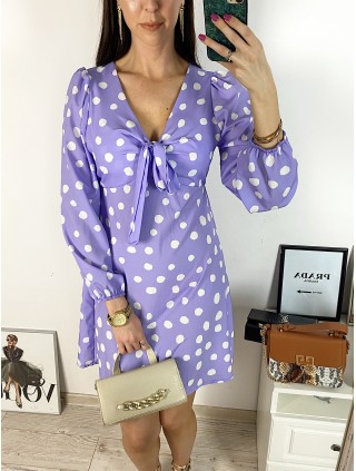 Rochie mini casual mov cu imprimeu buline si maneci lungi 