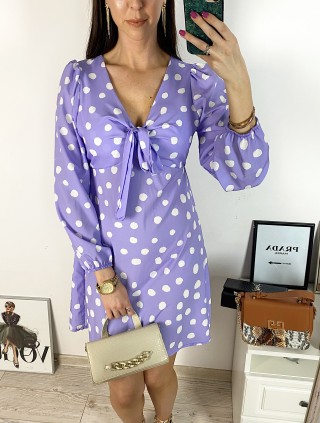 Rochie mini casual mov cu imprimeu buline si maneci lungi 