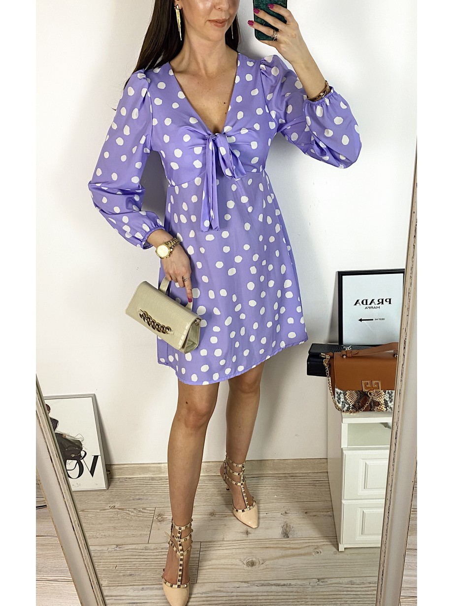Rochie mini casual mov cu imprimeu buline si maneci lungi Rochie mini casual mov cu imprimeu buline si maneci lungi