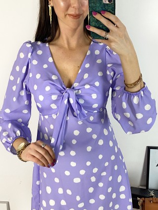 Rochie mini casual mov cu imprimeu buline si maneci lungi 