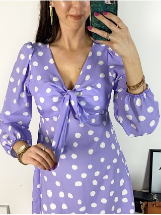 Rochie mini casual mov cu imprimeu buline si maneci lungi 