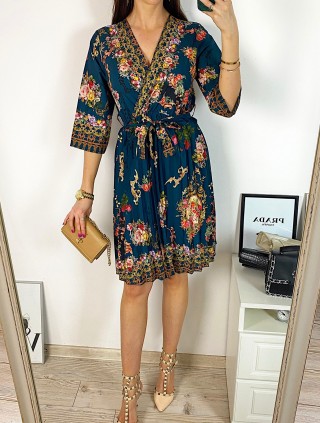 Rochie dama verde de zi midi cu pliuri si imprimeu flori vintage
