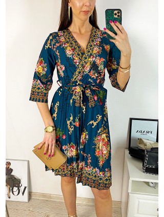 Rochie dama verde de zi midi cu pliuri si imprimeu flori vintage