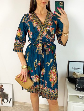 Rochie dama verde de zi midi cu pliuri si imprimeu flori vintage