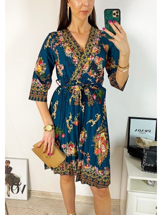 Rochie dama verde de zi midi cu pliuri si imprimeu flori vintage