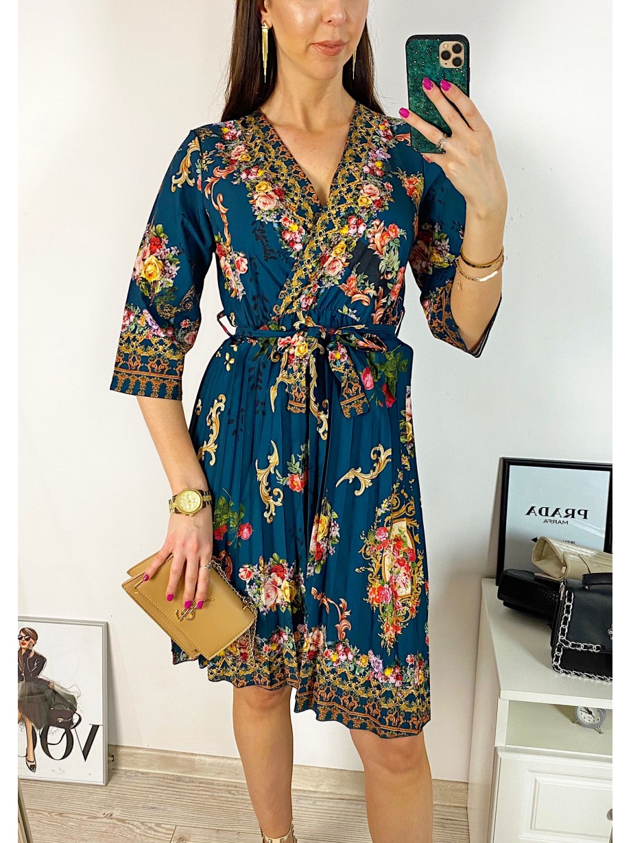 Rochie dama verde de zi midi cu pliuri si imprimeu flori vintage