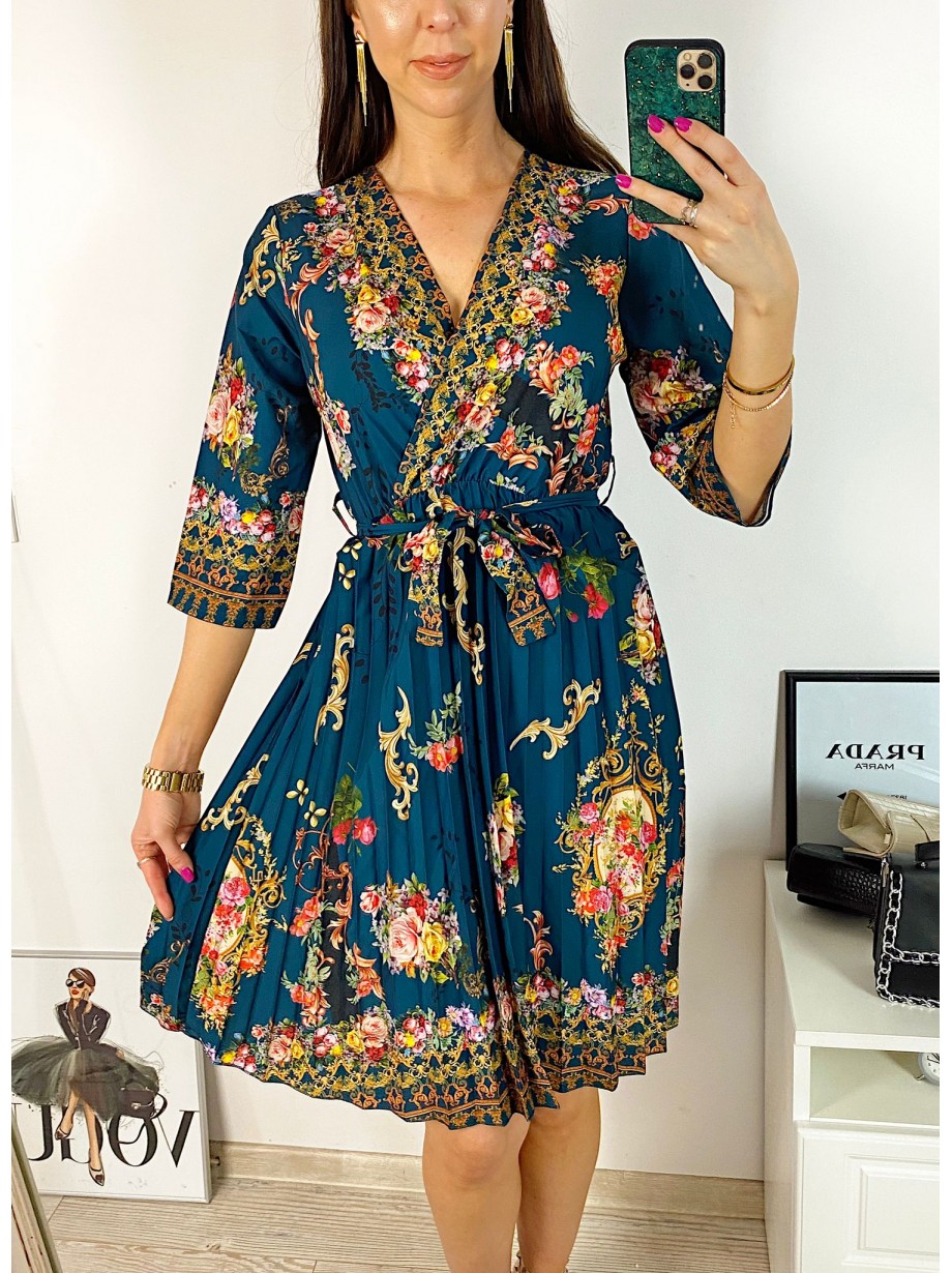 Rochie dama verde de zi midi cu pliuri si imprimeu flori vintage