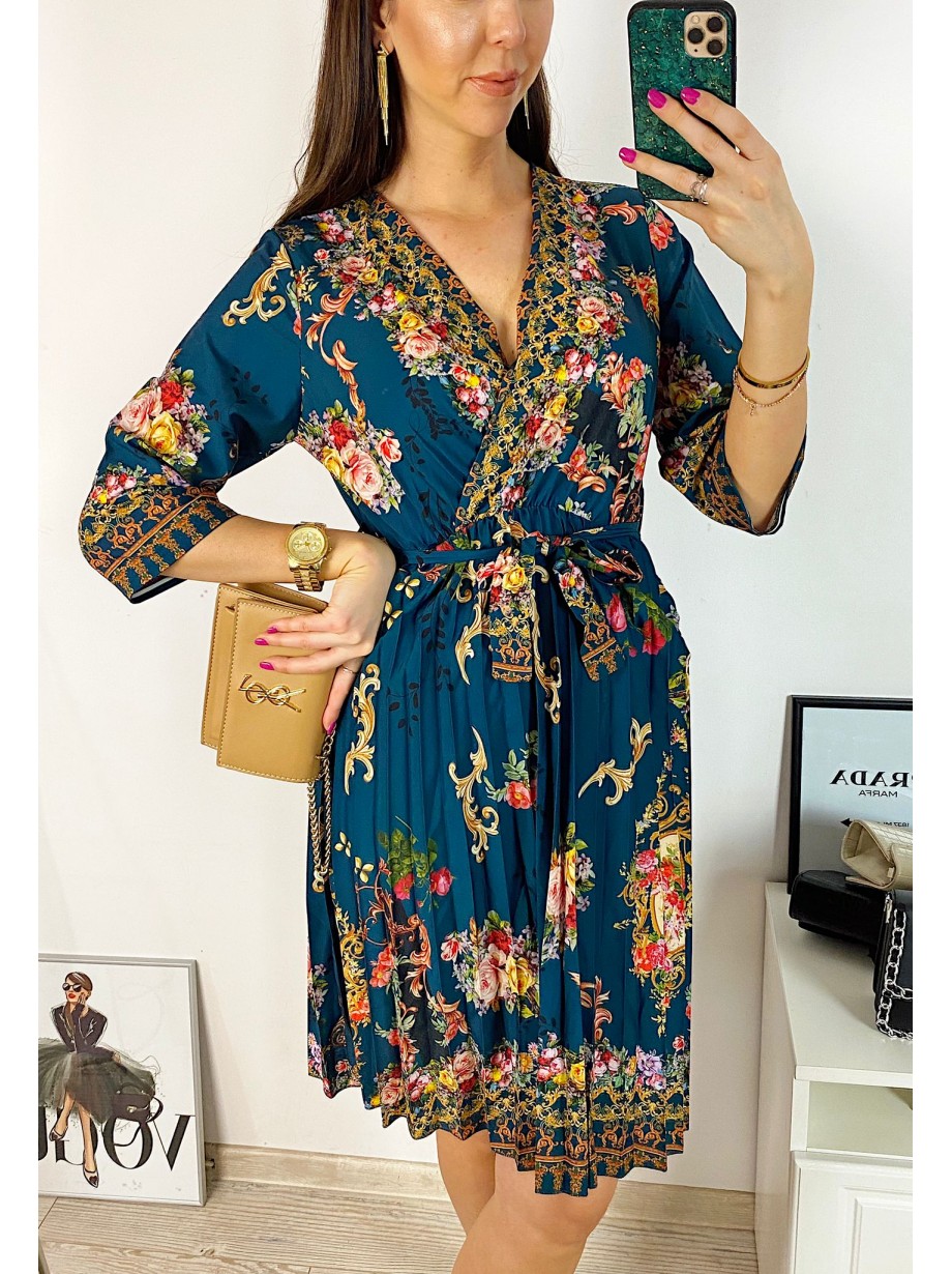 Rochie dama verde de zi midi cu pliuri si imprimeu flori vintage