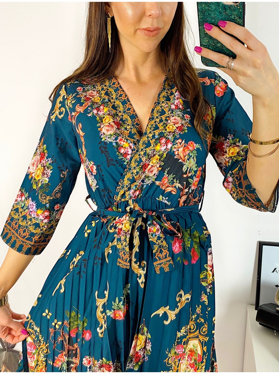 Rochie dama verde de zi midi cu pliuri si imprimeu flori vintage