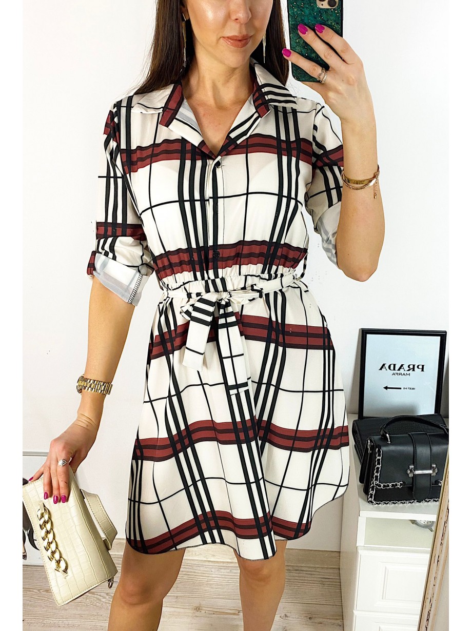 Rochie de zi casual alba cu imprimeu dungi maro