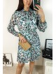 Rochie de zi casual turcoaz cu imprimeu animal print si snur la gat
