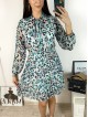 Rochie de zi casual turcoaz cu imprimeu animal print si snur la gat