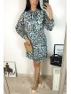 Rochie de zi casual turcoaz cu imprimeu animal print si snur la gat