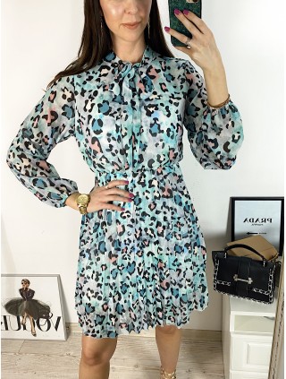 Rochie de zi casual turcoaz cu imprimeu animal print si snur la gat