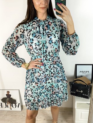 Rochie de zi casual turcoaz cu imprimeu animal print si snur la gat