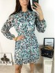 Rochie de zi casual turcoaz cu imprimeu animal print si snur la gat