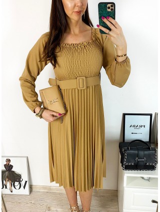 Rochie dama eleganta midi maro cu pliuri si curea in talie