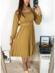 Rochie dama eleganta midi maro cu pliuri si curea in talie