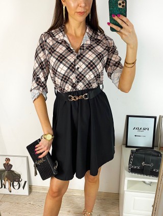 Rochie dama eleganta midi neagra cu pliuri si imprimeu carouri roz Half 