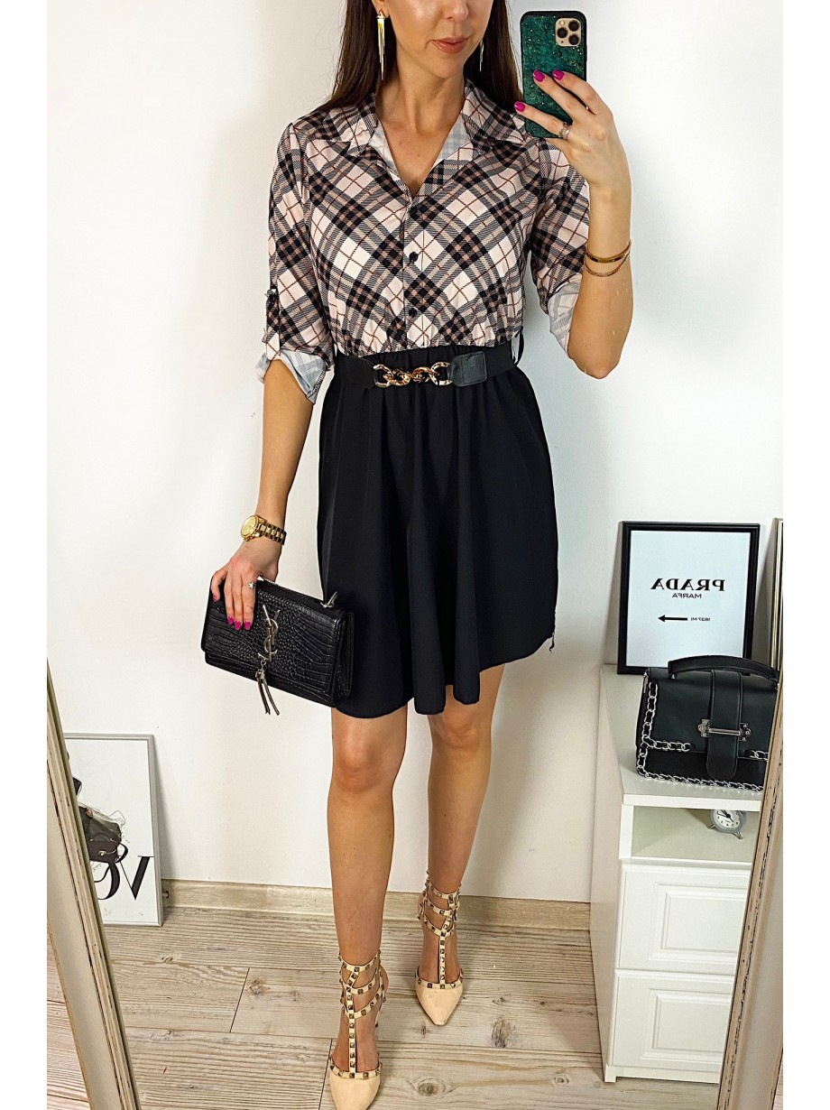 Rochie dama eleganta midi neagra cu pliuri si imprimeu carouri roz Half 